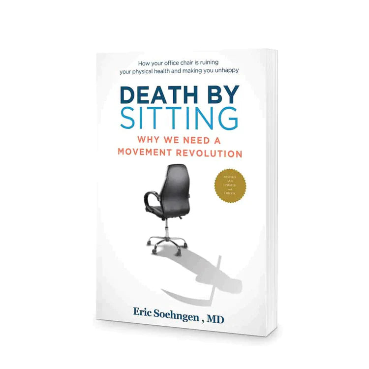 Book cover for Death By Sitting: Why We Need a Movement Revolution by Eric Soehngen, MD, featuring an office chair and the shadow of a scythe, symbolizing health risks of prolonged sitting.