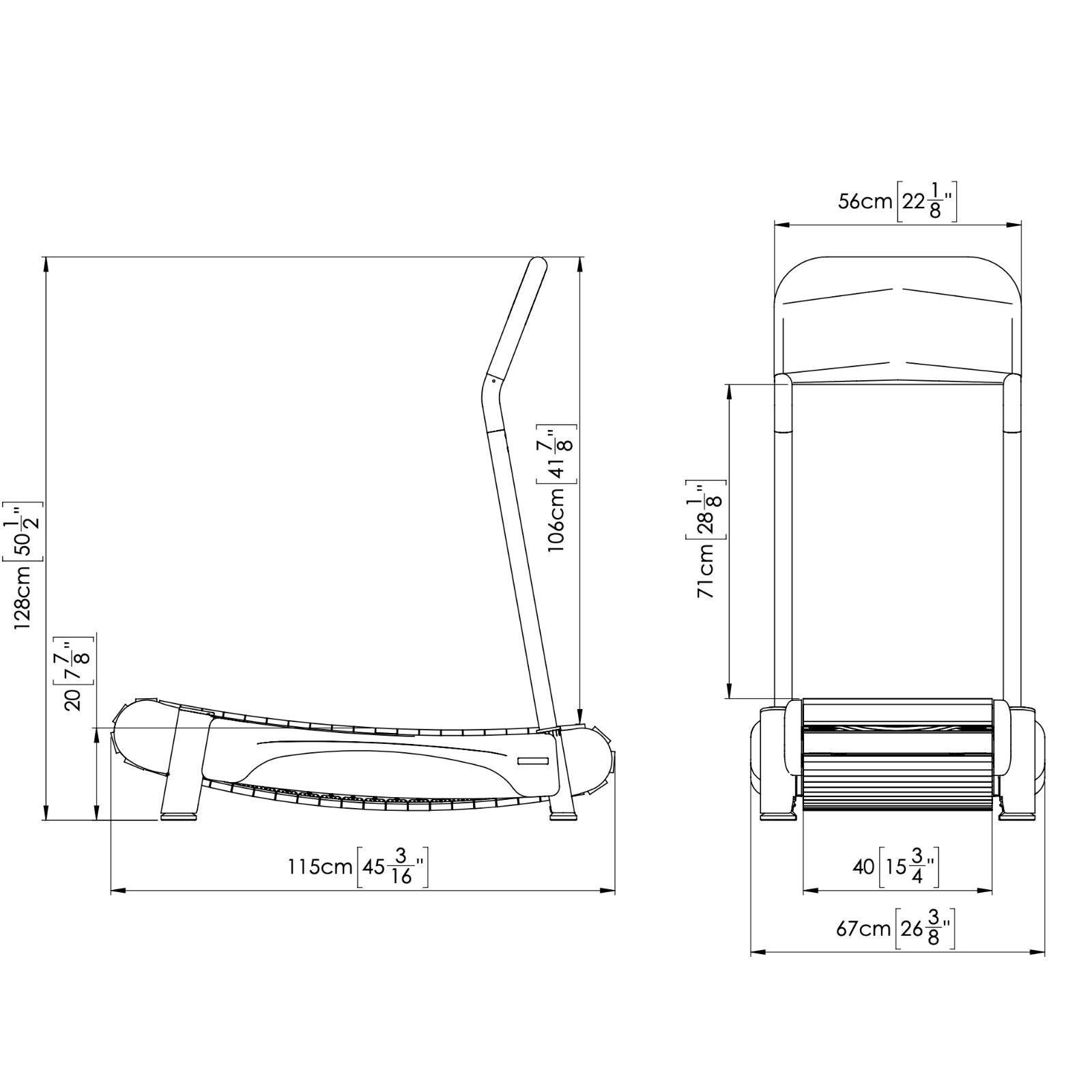 Technical drawing of the Walkolution 2 motorless office treadmill: 128.5 cm tall, 115 cm long, 67 cm wide. Running belt area is 40 x 71 cm. Additional handlebar and frame measurements—walk while you work!.