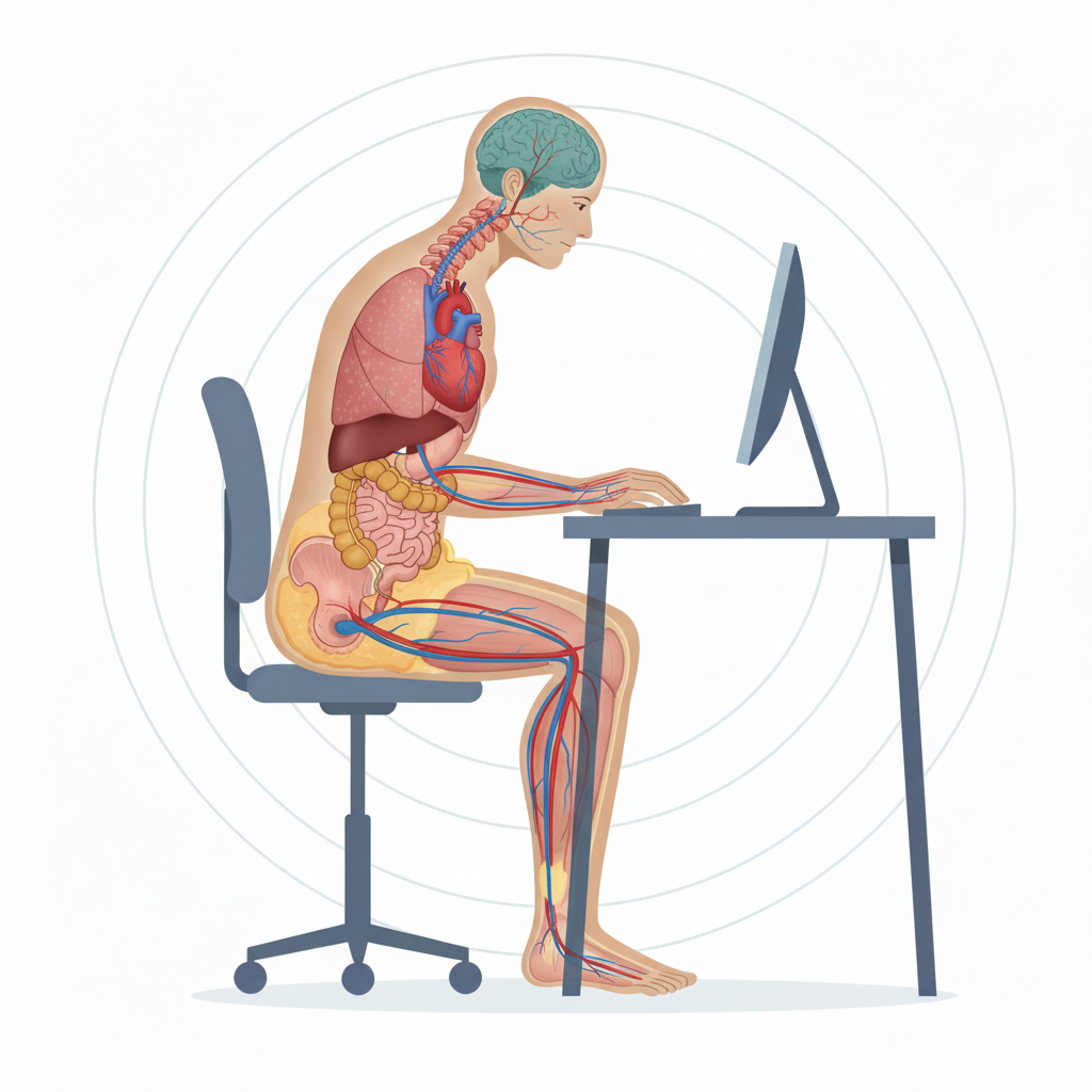 An illustration of a person with visible internal organs and blood vessels, sitting on an office chair and using a computer at a desk, highlighting human anatomy in a seated posture.