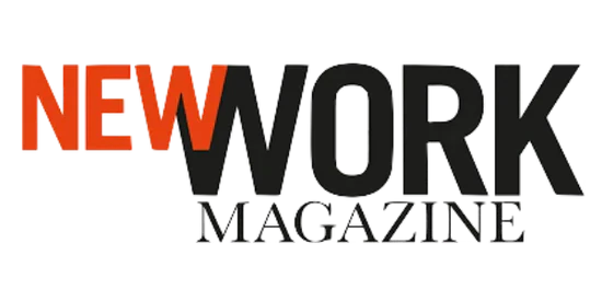 Logo for NEW WORK MAGAZINE with NEW in bold orange letters and WORK MAGAZINE in bold black letters on a white background.