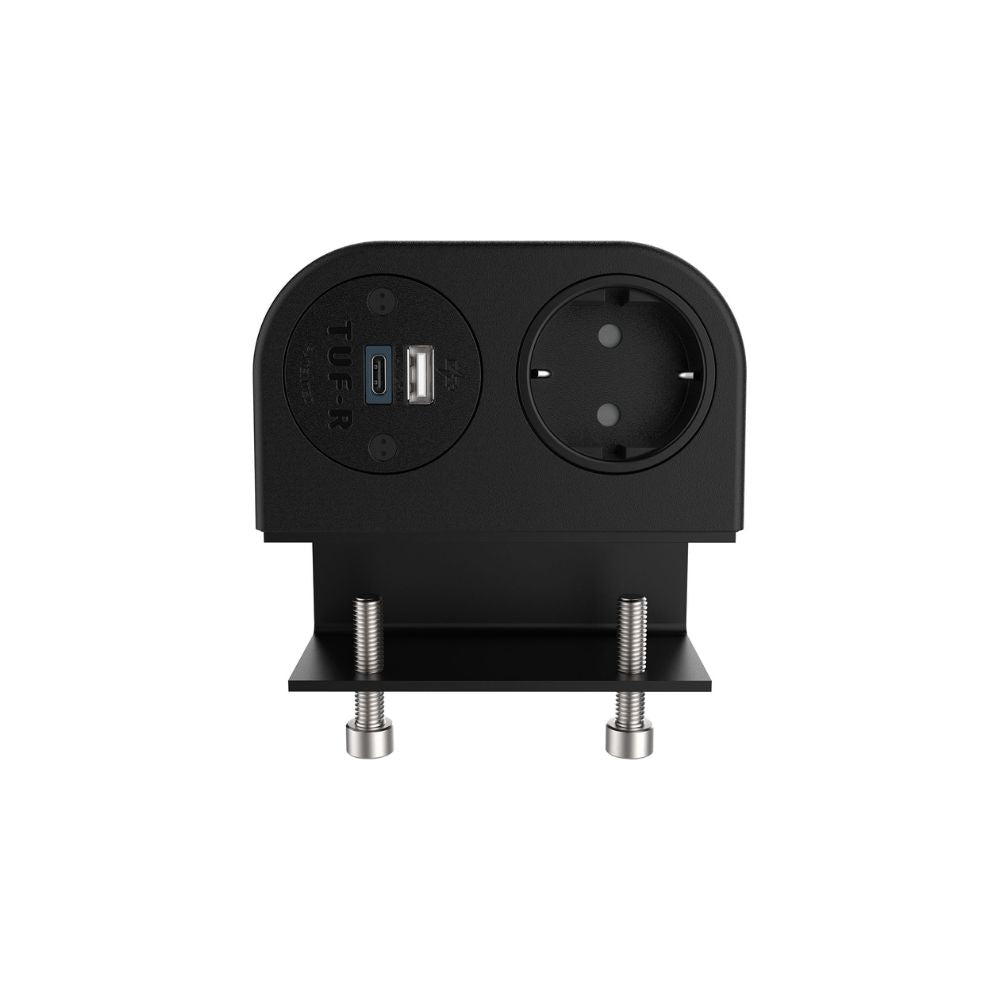 The Single Power Socket with USB Charger - Phase is a black outlet with customizable socket apertures, one USB-A port, and a TUF-R A+C charger, mounted on a bracket with two visible metal screws against a white background.