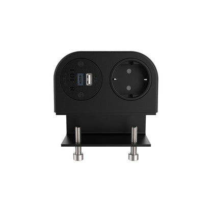 The Single Power Socket with USB Charger - Phase is a black outlet with customizable socket apertures, one USB-A port, and a TUF-R A+C charger, mounted on a bracket with two visible metal screws against a white background.