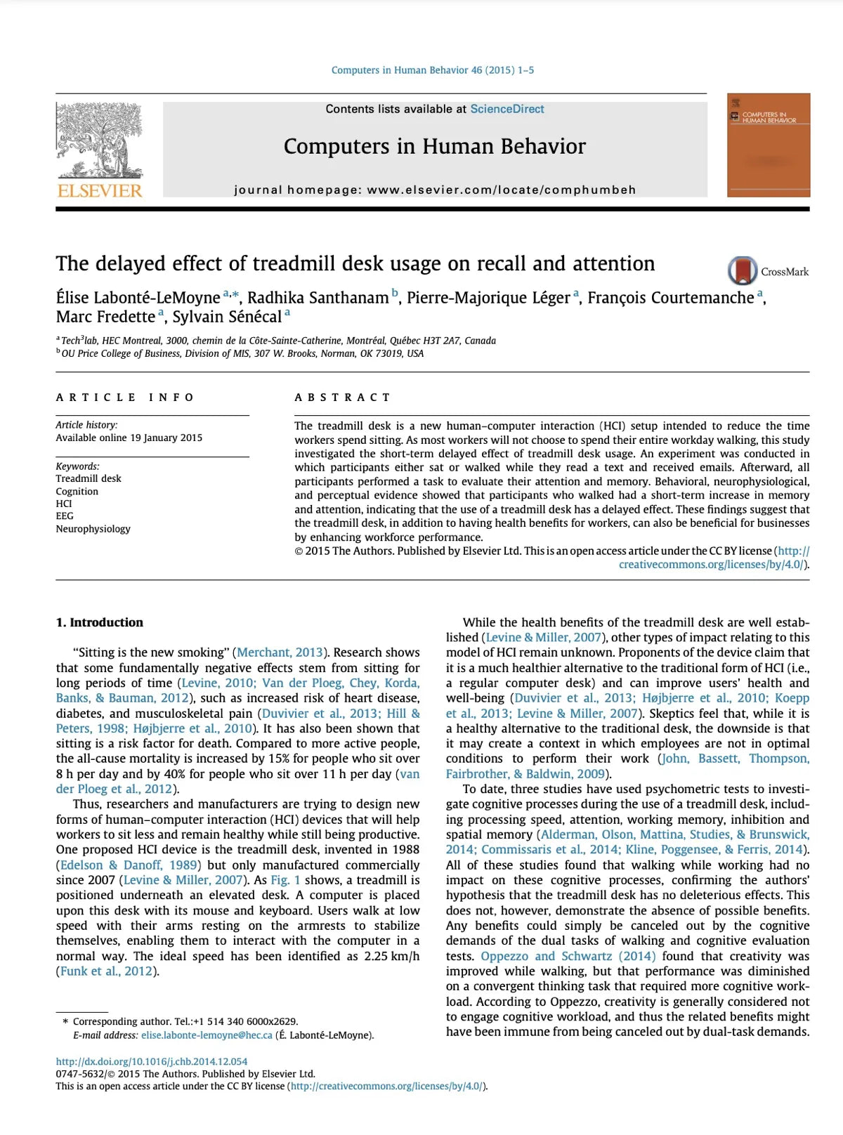 Screenshot of a scientific article titled The delayed effect of treadmill desk usage on recall and attention from the journal Computers in Human Behavior, with authors, abstract, and some sections visible.