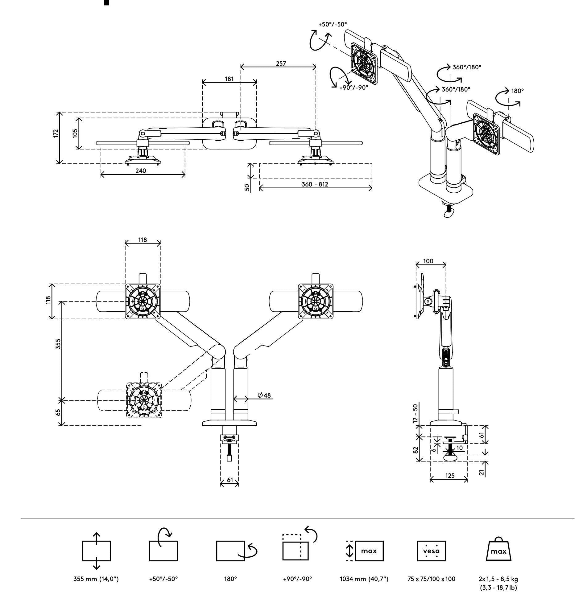 Technical drawing of the Monitor arm Viewprime+ Double (For two screens) shows dynamic height adjustment, dimensions, rotation angles, and mounting specs from top, front, and side views with labeled measurements and adjustment icons.