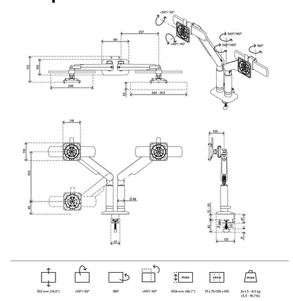Technical drawing of the Monitor arm Viewprime+ Double (For two screens) shows dynamic height adjustment, dimensions, rotation angles, and mounting specs from top, front, and side views with labeled measurements and adjustment icons.