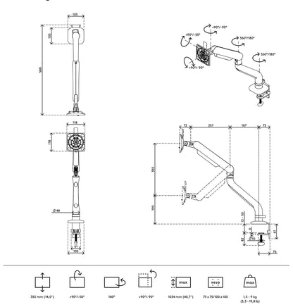 Technical drawing of the Viewprime+ Single monitor arm, for one screen, with dynamic height adjustment. Shows multiple views, measurements, motion range, cable management, mounting specs, arm length, tilt angle, and weight capacity.