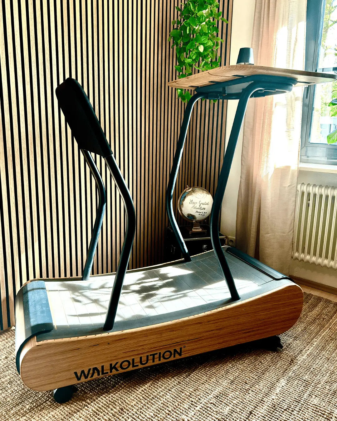 A wooden Walkolution treadmill with black railings and a wooden desk is positioned in a bright room with vertical wood panel walls, a woven rug, a leafy plant, and sunlight streaming through a window with curtains.