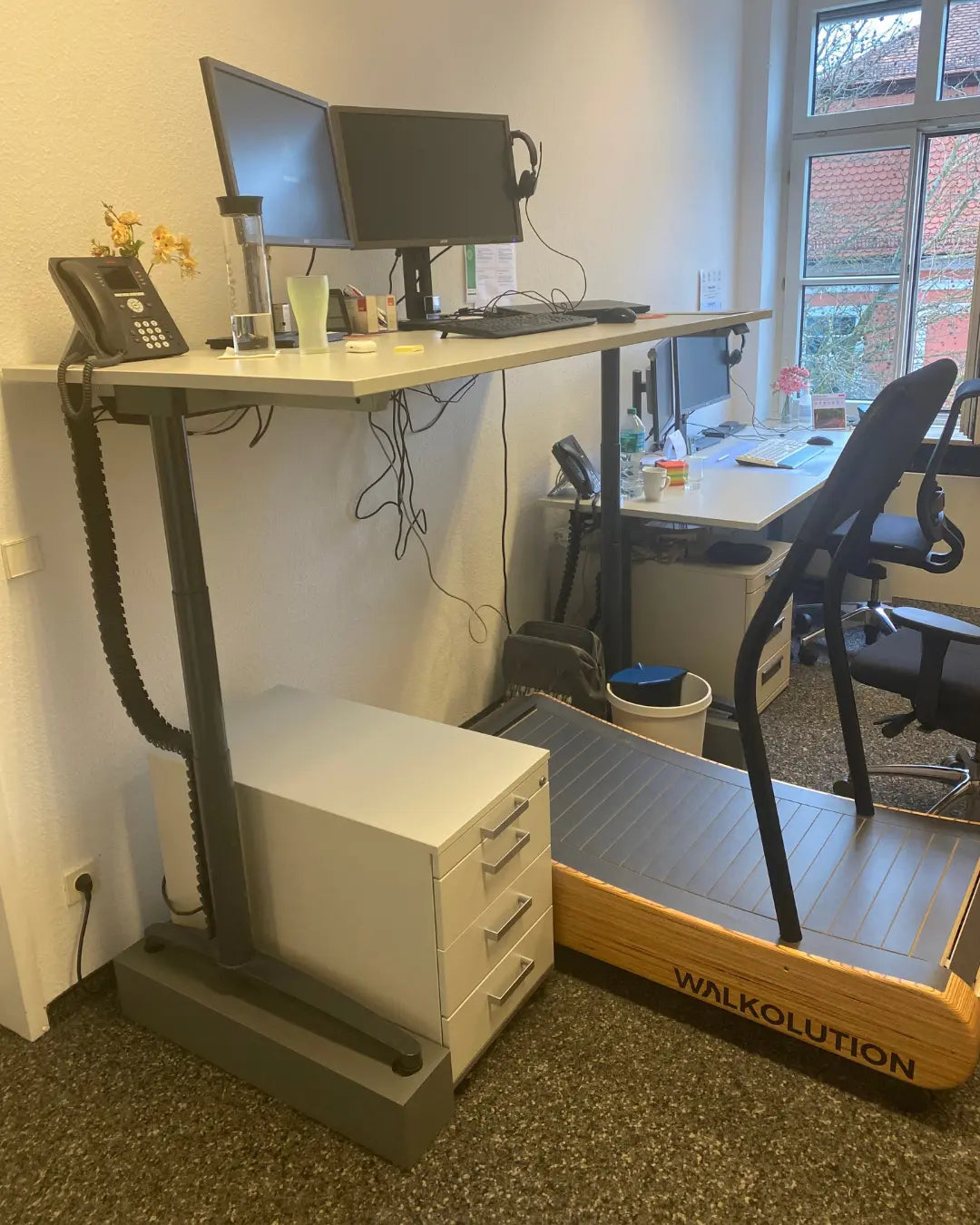 An office workspace with a standing desk, dual monitors, a phone, and a treadmill labeled WALKOLUTION instead of a chair, next to a small filing cabinet. There’s a window and various office items visible.
