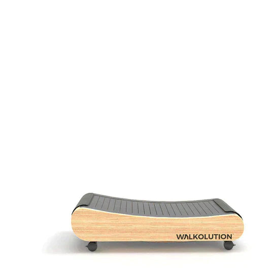 A compact, modern wooden treadmill with black running surface and wheels, labeled WALKOLUTION on the side, set against a plain white background.