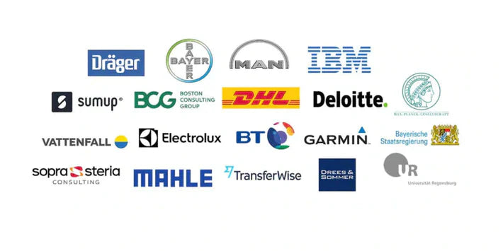 A collage of company logos, including Dräger, Bayer, IBM, MAN, DHL, Deloitte, SumUp, BCG, Electrolux, BT, Garmin, Vattenfall, Mahle, TransferWise, and several others.