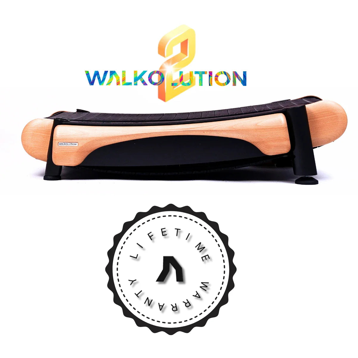 A wooden manual treadmill with black accents appears with the Walkolution logo above and a Lifetime Warranty Upgrade badge below, offering comprehensive coverage and extended protection.