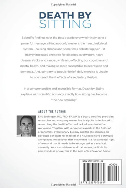 The back cover of Death by Sitting - Signed Copy spotlights the movement revolution, features a short author bio with photo, and presents a barcode in the bottom right corner.