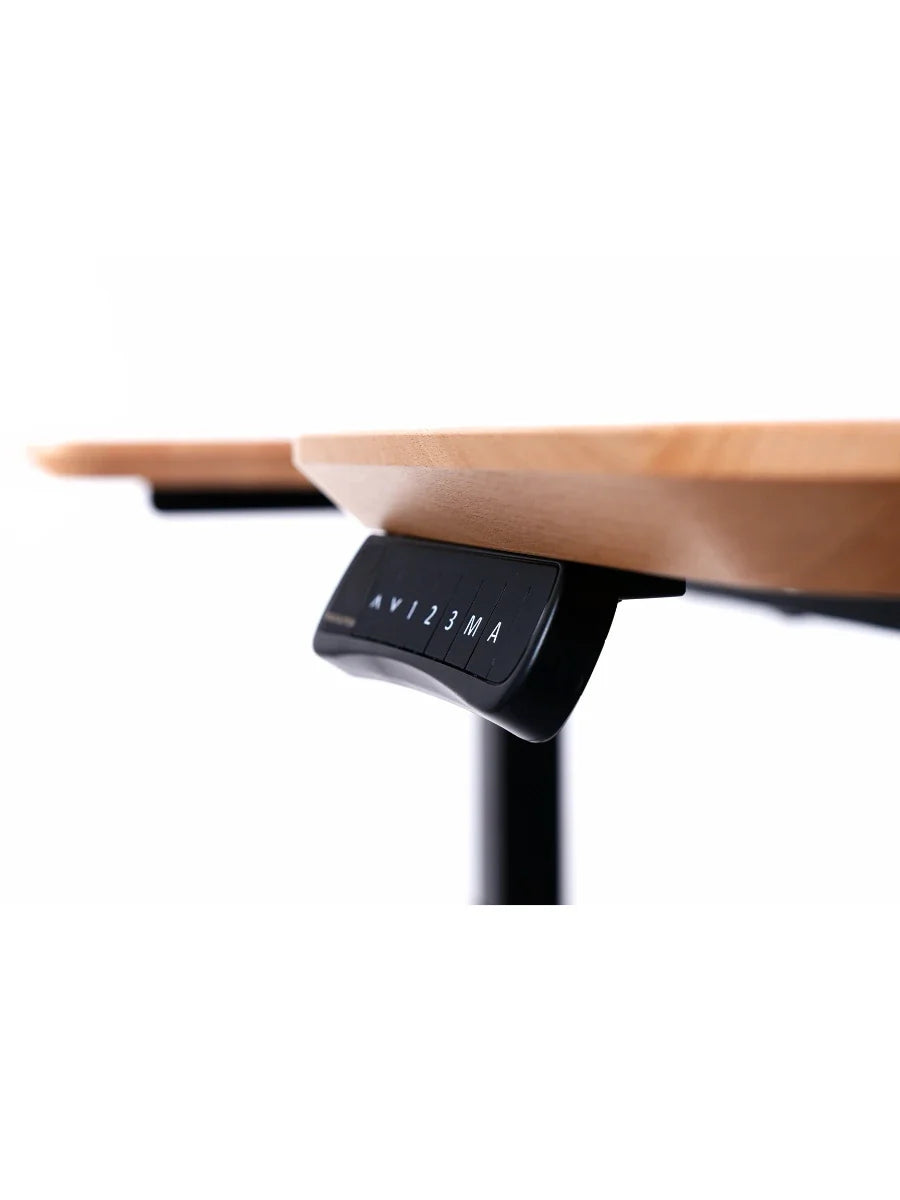 Close-up of the control panel under a Walkolution Core Desk made of solid beech wood, featuring up, down, 1, 2, 3, and M buttons for adjusting desk height.