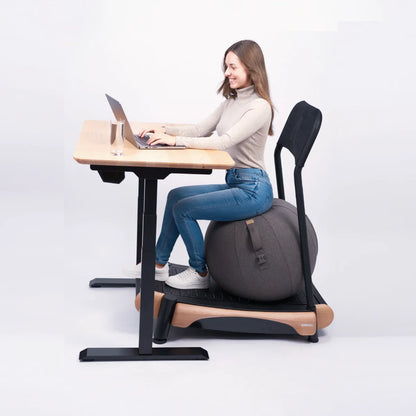 A woman works on a laptop at a Walkolution Core Desk, seated on a modern ergonomic chair with stability ball and backrest. The bright, minimal studio setup features solid beech wood accents for a sophisticated touch.