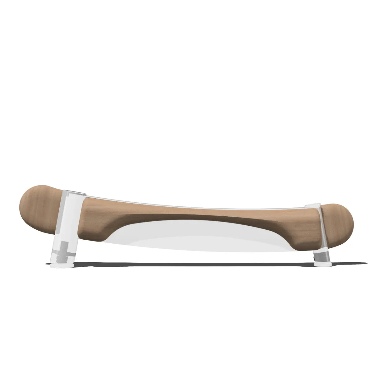 The Walkolution 2 - Sidepanel Set is a curved wooden balance board with magnetic side panels and rounded ends, supported by two transparent stands on each side, shown on a white background.