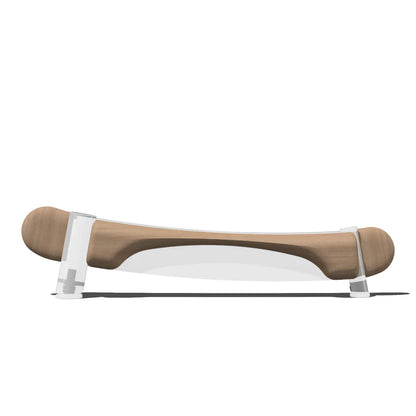 The Walkolution 2 - Sidepanel Set is a curved wooden balance board with magnetic side panels and rounded ends, supported by two transparent stands on each side, shown on a white background.