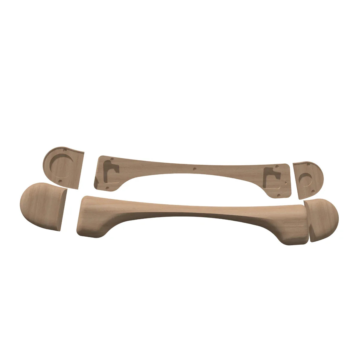 The Walkolution 2 - Sidepanel Set includes two wooden handles, each divided into three parts—a curved center piece and two end caps—displayed on a white background, inspired by Walkolution 2 treadmill panels for a modern look.