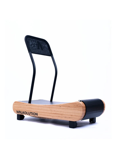The Walkolution 1 is a modern, non-motorized wooden manual treadmill with a black mesh handlebar, labeled WALKOLUTION, ideal for use as a walking desk or treadmill for work. Shown against a white background.