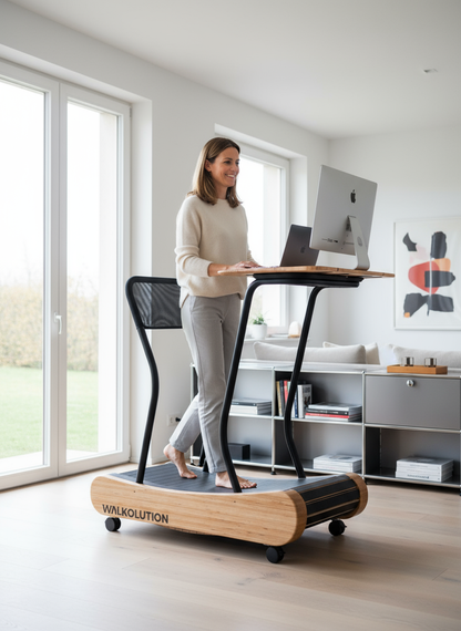 A woman uses the Walkolution 1 treadmill while working at her computer in a bright, modern home office with large windows and minimalist decor.