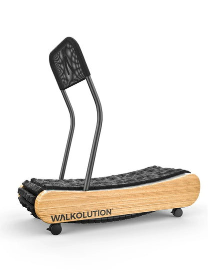 The Walkolution 1 is a manual walking treadmill with a curved wooden frame, black tread, mesh backrest, and metal handles—perfect as a walking desk or work treadmill. It has WALKOLUTION branding and four small wheels at the base.