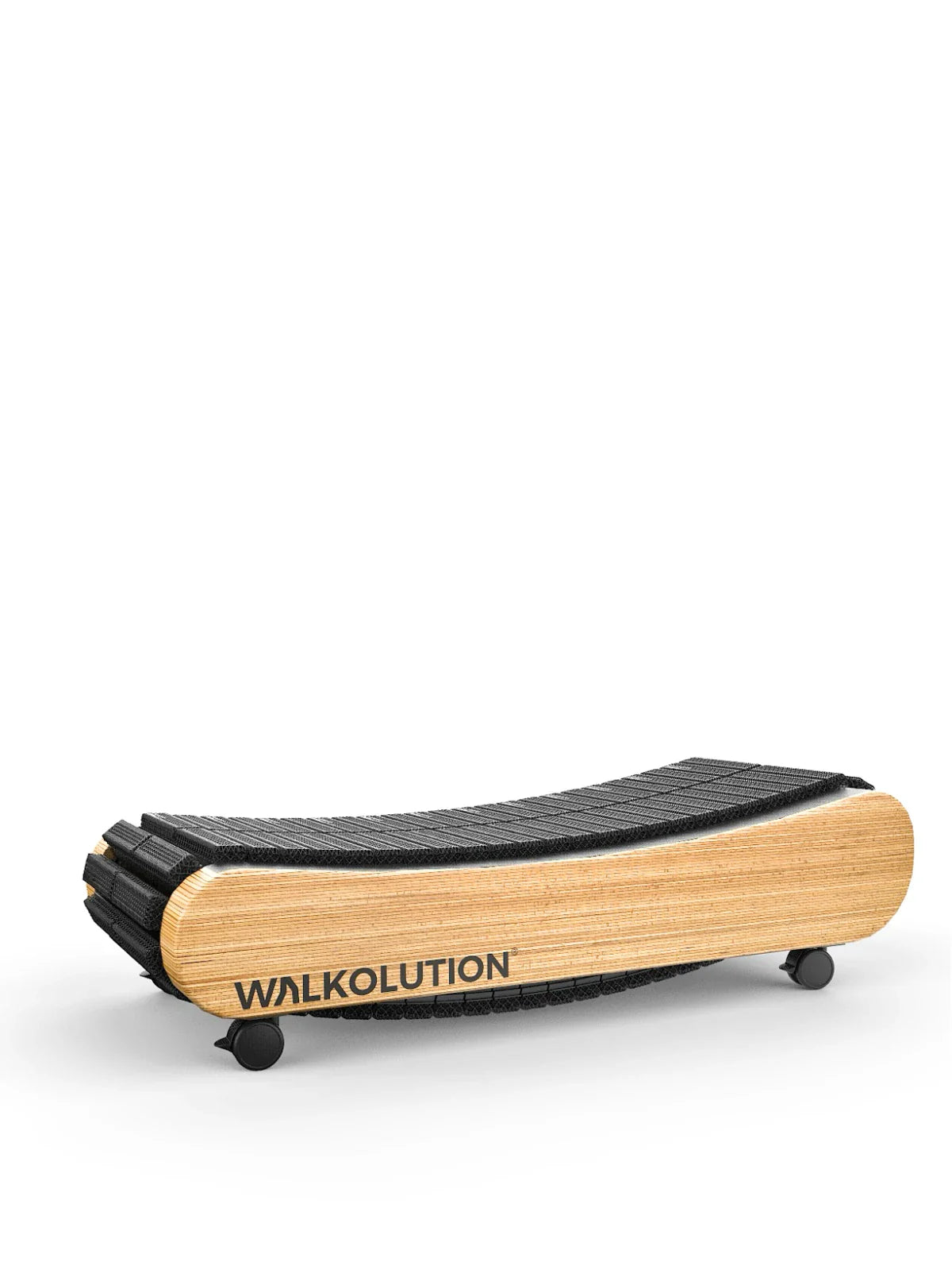 The Walkolution 1 is a manual treadmill with a curved wooden frame, black belt, four small wheels, and WALKOLUTION branding. Its minimalist, modern design makes it ideal for any walking desk setup at work.