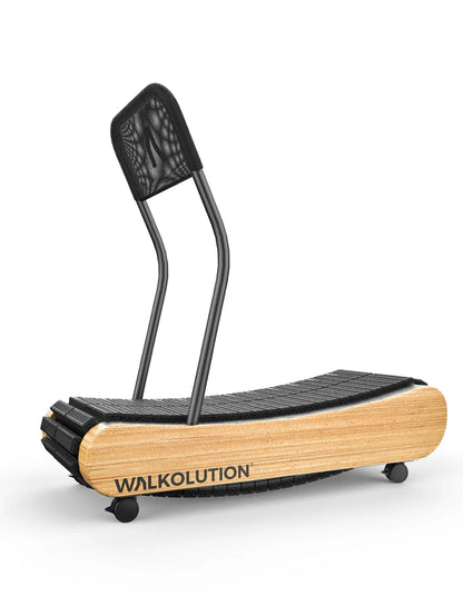 The Walkolution 1 is a manual treadmill featuring a curved wooden base, black running belt, metal handles, mesh backrest, and wheels for mobility. The brand name WALKOLUTION is printed on the wood.