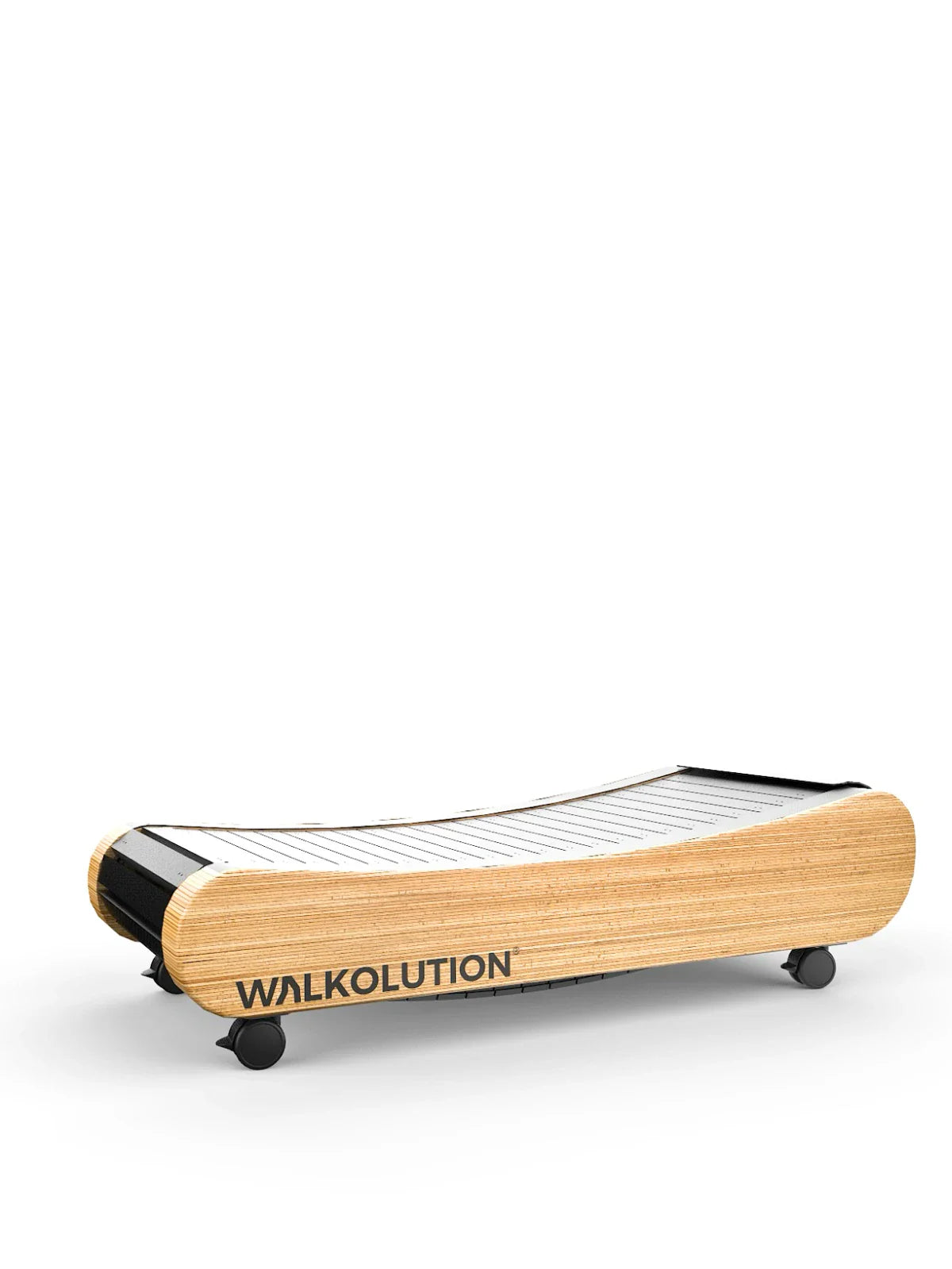 The Walkolution 1 is a wooden manual treadmill with curved side panels, black trim, a treadmill belt, and wheels for easy mobility. "WALKOLUTION" is printed on the side. Shown on a plain white background. Ideal as a walking desk or for work use.