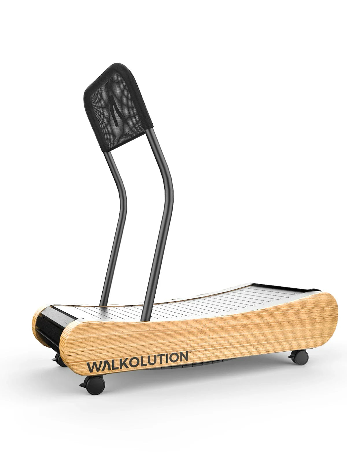 The Walkolution 1 is a modern, non-motorized manual treadmill with a wooden frame, black handrails, mesh backrest, and the WALKOLUTION logo on the side. Designed for workspaces, it’s set on four wheels for easy movement.
