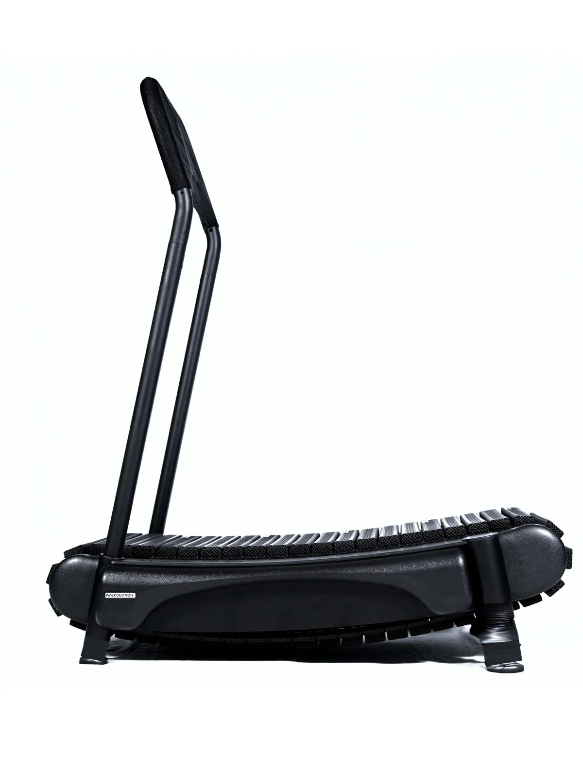 A side view of a curved, non-motorized black treadmill with sturdy handlebars, designed for running or walking, on a white background. Walkolution Global