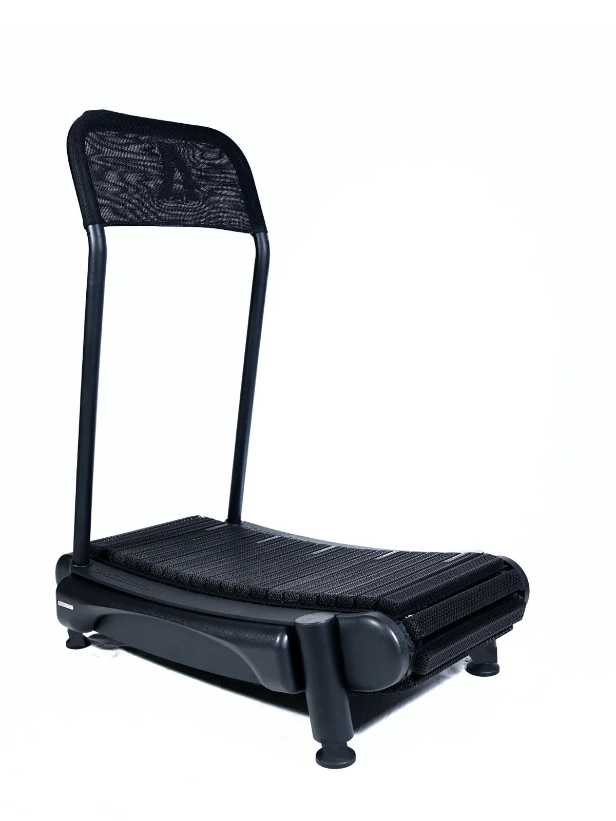 A compact, black manual treadmill with a mesh backrest and a curved running surface, set against a plain white background. Walkolution Global
