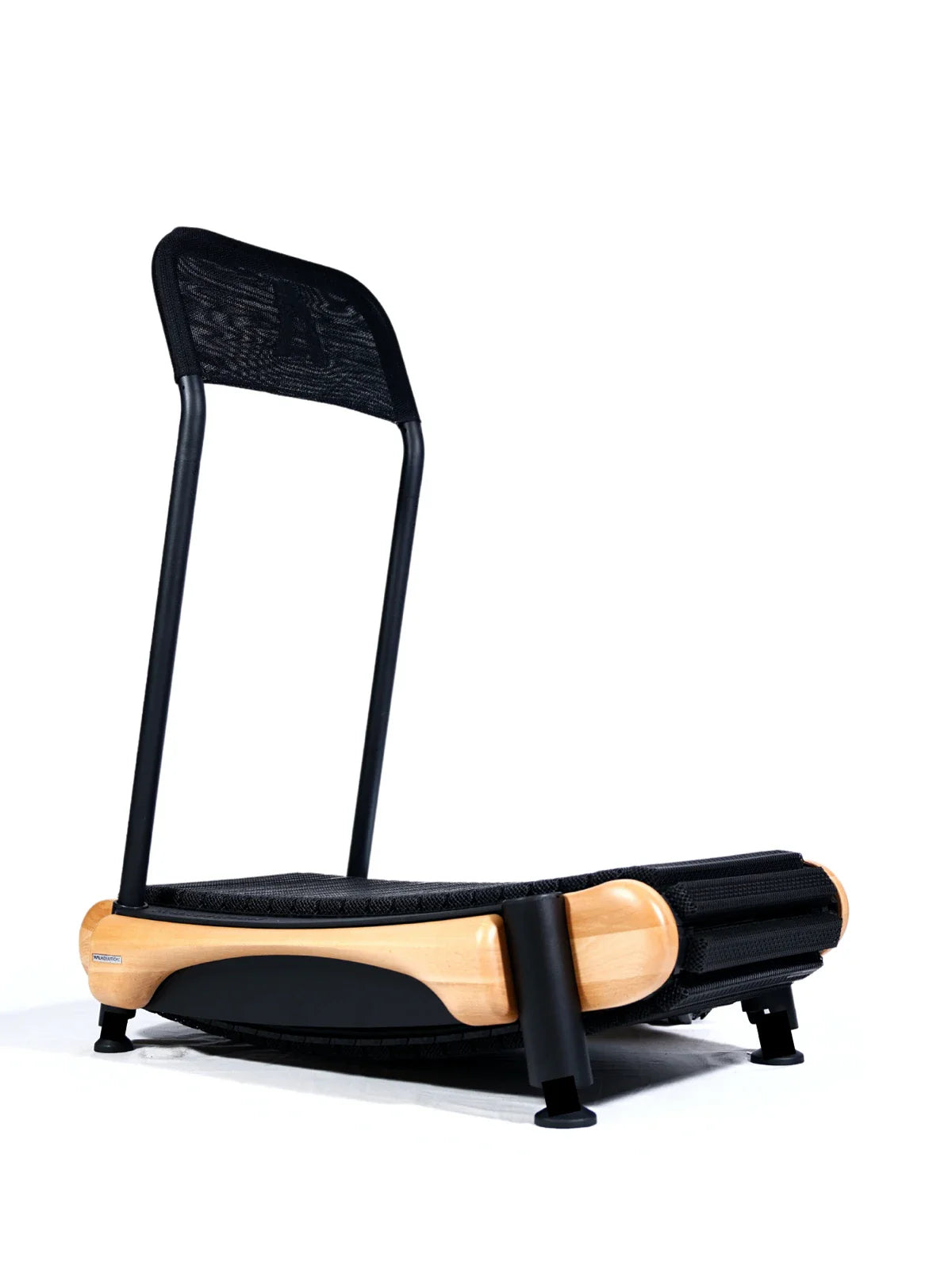 A modern, minimalist chair with a mesh backrest, wooden frame, black seat, and angled black legs, set against a white background. Walkolution Global