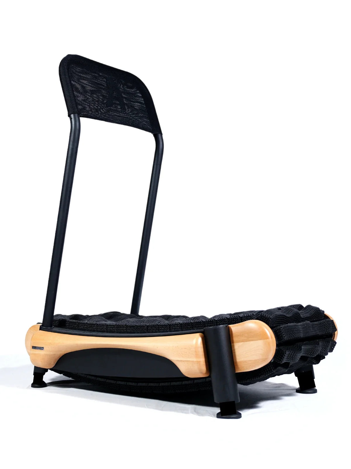 A modern ergonomic kneeling chair with a mesh backrest, black cushioned seat, wooden frame, and black metal supports, designed to promote better posture. Walkolution Global