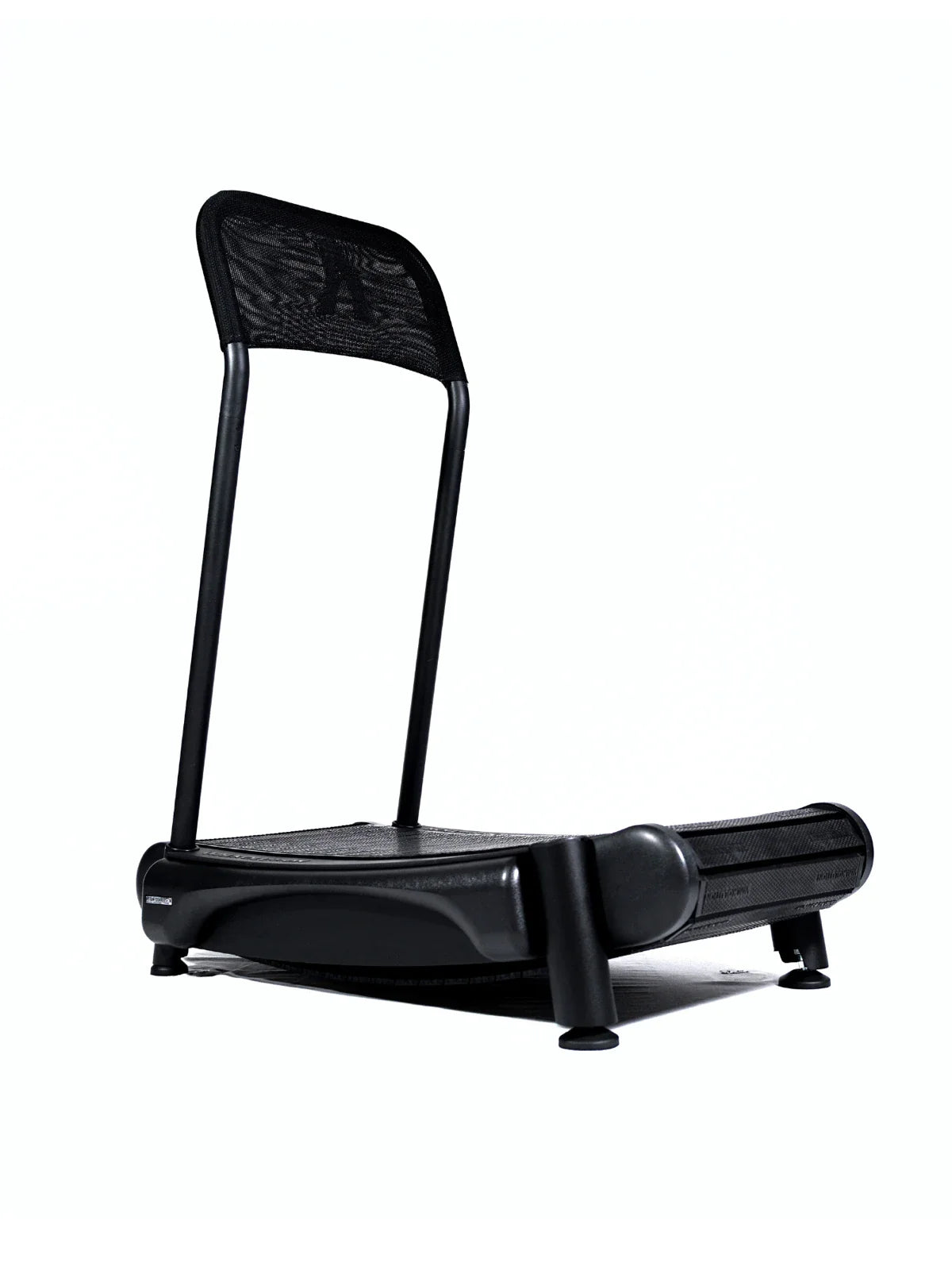 A compact black treadmill with a mesh backrest and minimalist frame, designed for walking or light exercise, shown against a plain white background. Walkolution Global