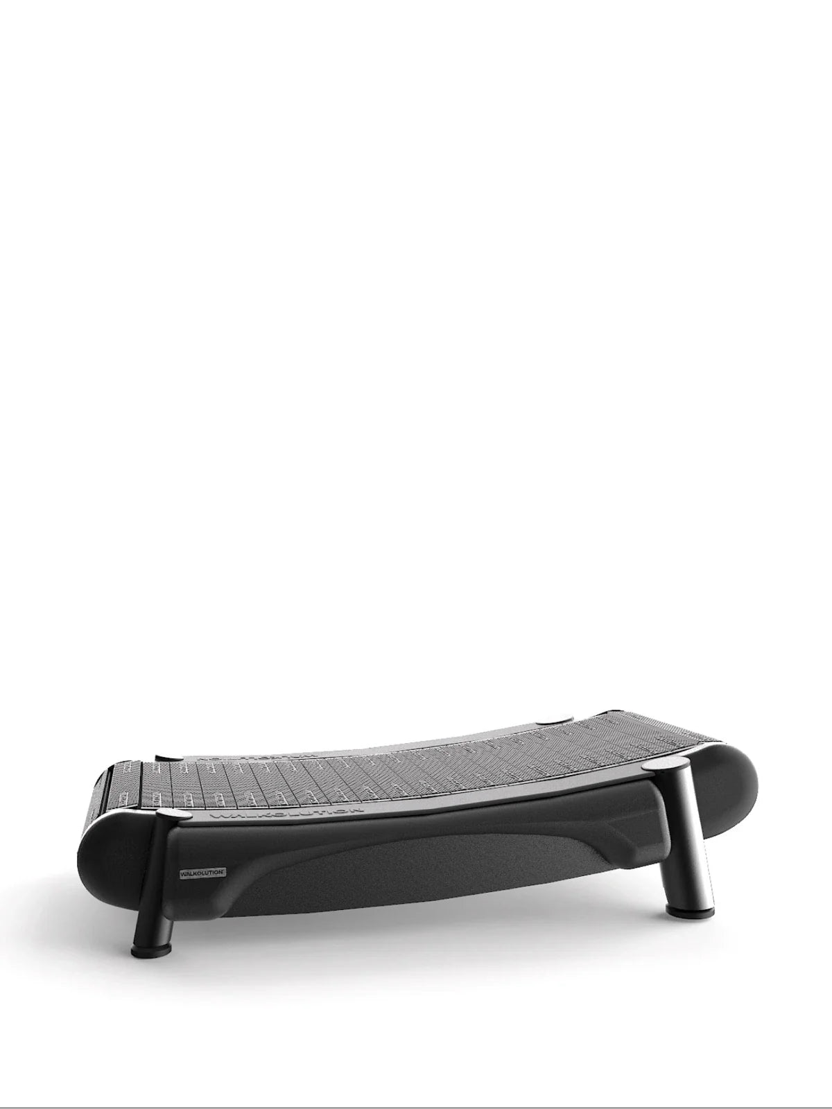 The Walkolution 2 is a modern black fitness step platform with sturdy legs and a slightly curved surface, ideal for enhancing walk-while-you-work routines, shown on a plain white background.