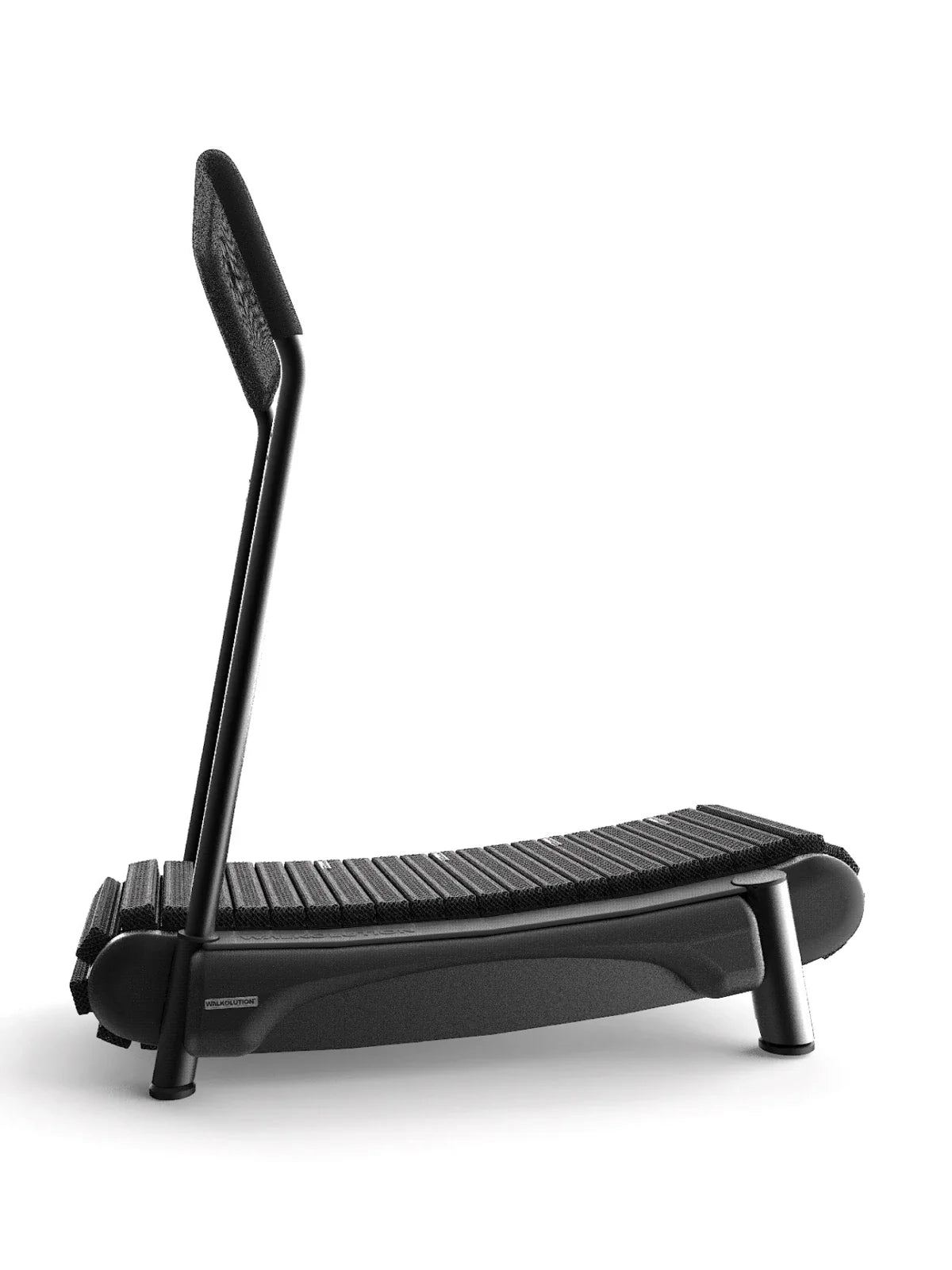 The Walkolution 2 is a black, manual office treadmill with a minimalistic design, slatted running surface, and single upright handlebar—ideal for walking while you work. Shown photographed on a white background.
