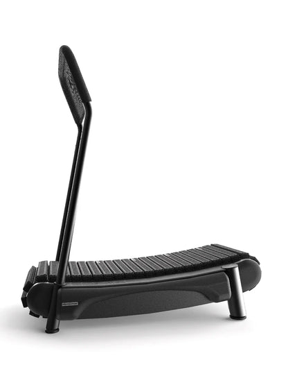 The Walkolution 2 is a black, manual office treadmill with a minimalistic design, slatted running surface, and single upright handlebar—ideal for walking while you work. Shown photographed on a white background.
