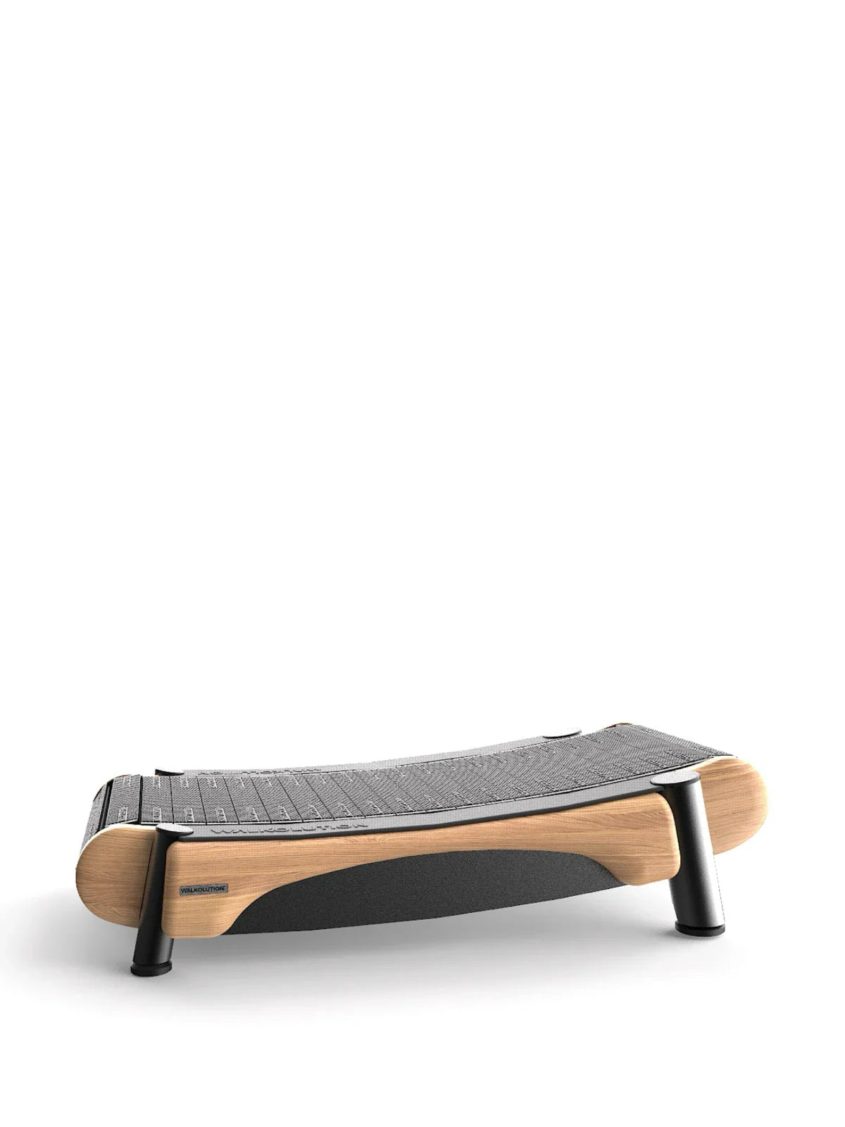 The Walkolution 2 is a sleek, low-profile wooden bench with a curved black seat and sturdy legs—perfect for walk-and-work setups or pairing with a motorless office treadmill against a plain white background.