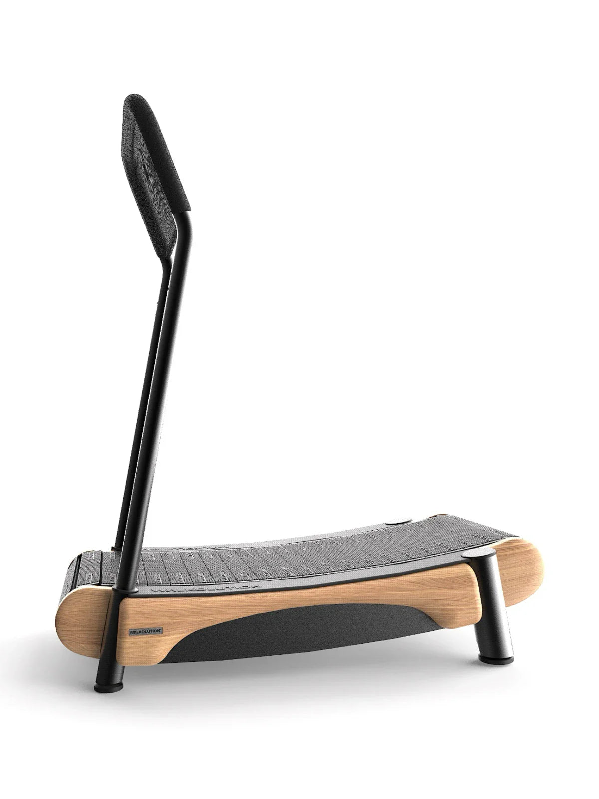 The Walkolution 2 is a modern, minimalist manual office treadmill with a curved wooden base, black running surface, and a single black handlebar—perfect for walking while you work. Shown against a white background.