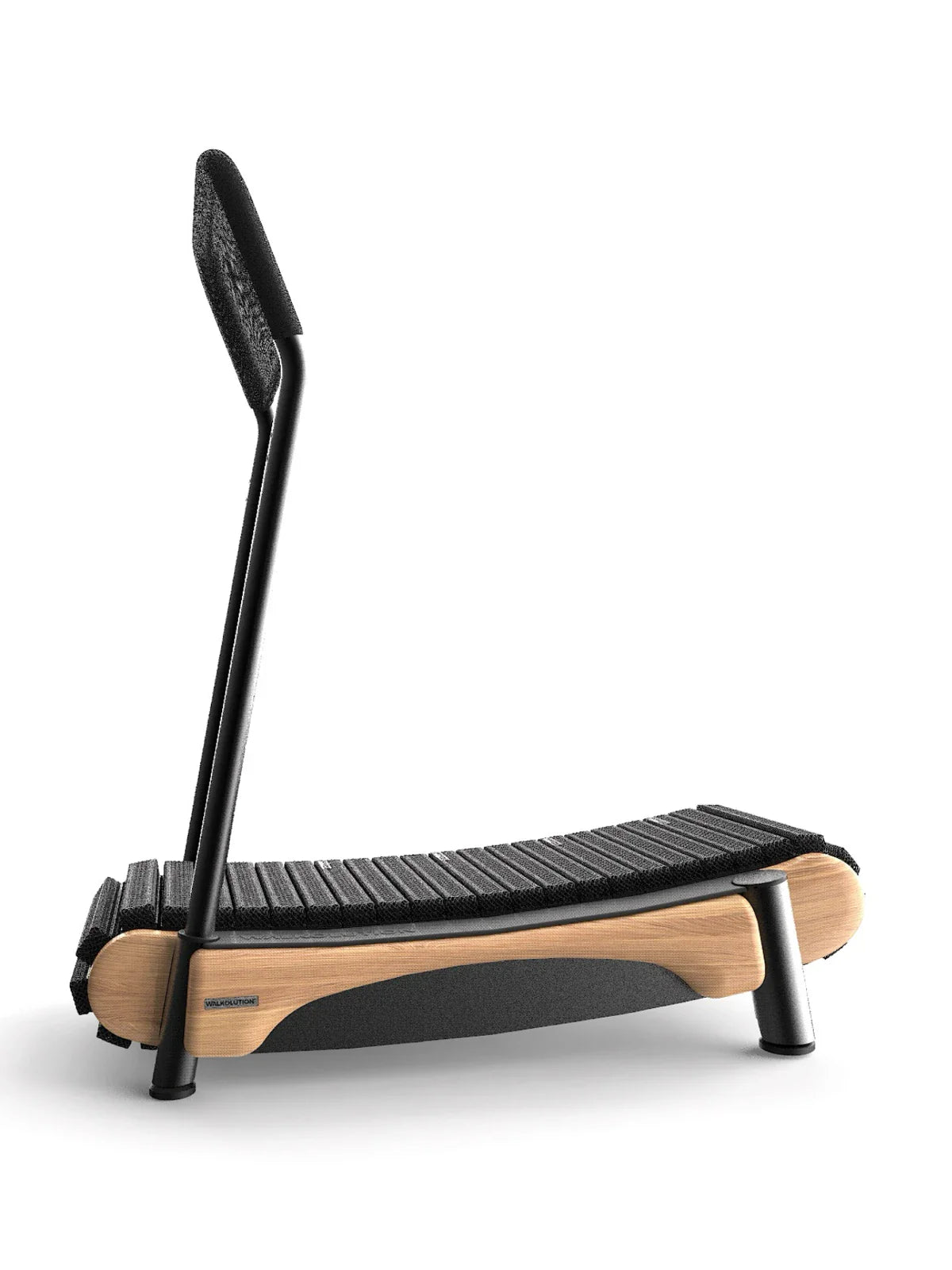 The Walkolution 2 features a stool attachment and a modern wooden base with black running slats and a tall, angled black handrail—photographed on white, it's crafted to support activity in the workplace.