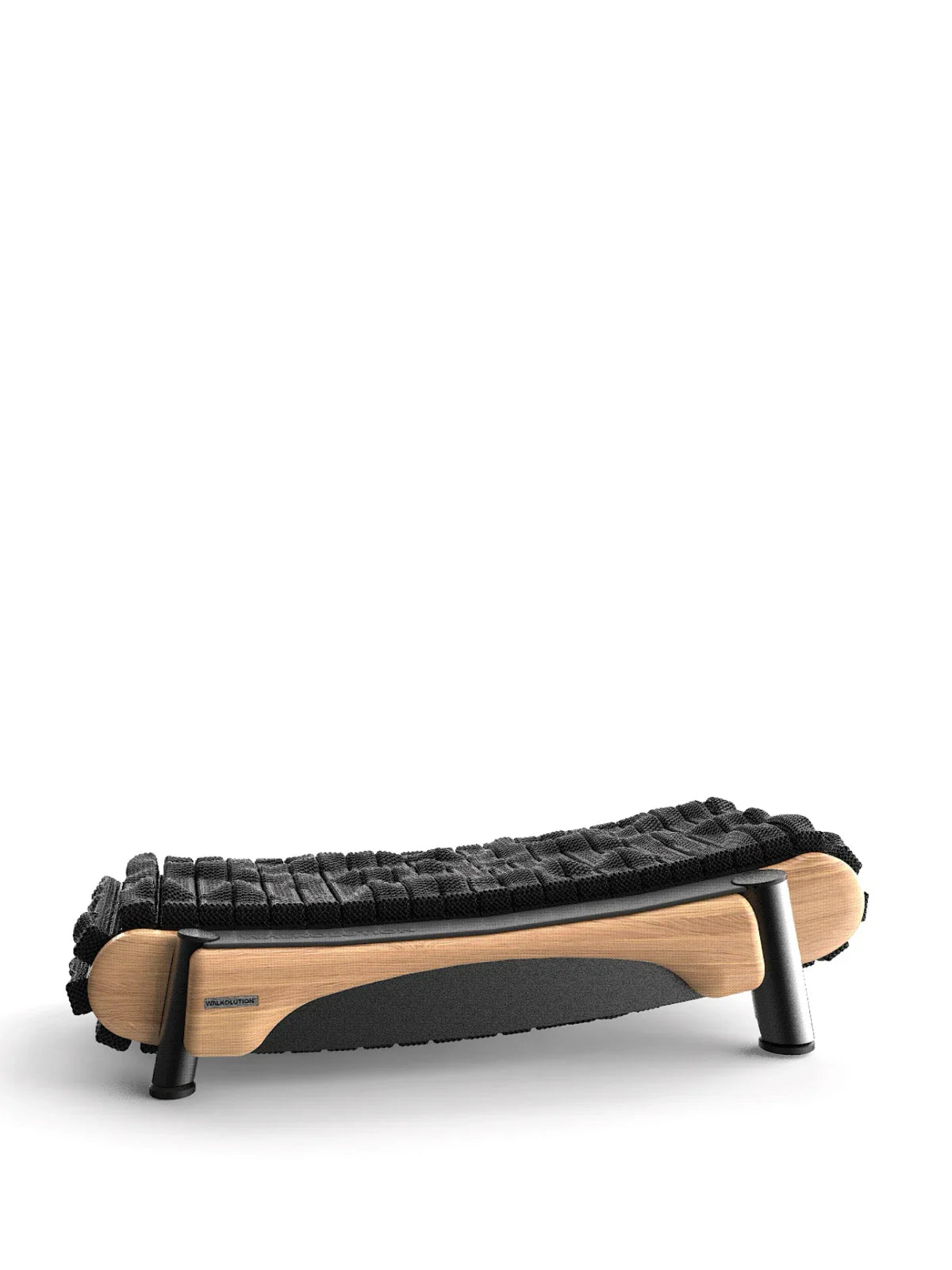 The Walkolution 2 features a modern bench with a curved wooden frame, black cushioned seat, and four angled black metal legs—ideal for pairing with a motorless office treadmill to walk while you work, shown on a plain white background.