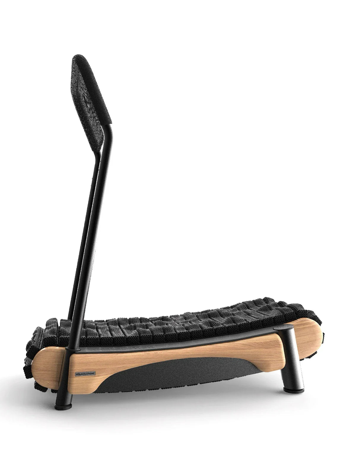 The Walkolution 2 is a modern, minimalist chair with a curved wooden base, black cushioned seat, and single black metal backrest—designed to pair perfectly with a manual office treadmill for stylish, active working.