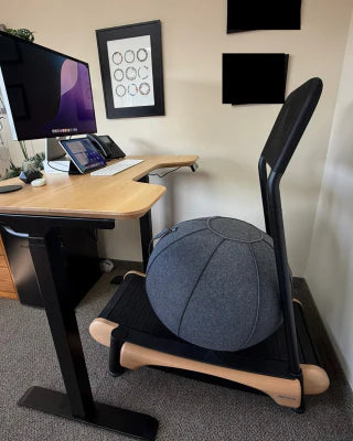 A modern office setup featuring a curved wooden desk with a computer monitor, tablet, and keyboard. An exercise ball chair with a support frame sits on a wooden treadmill under the desk. Framed wall art hangs above.