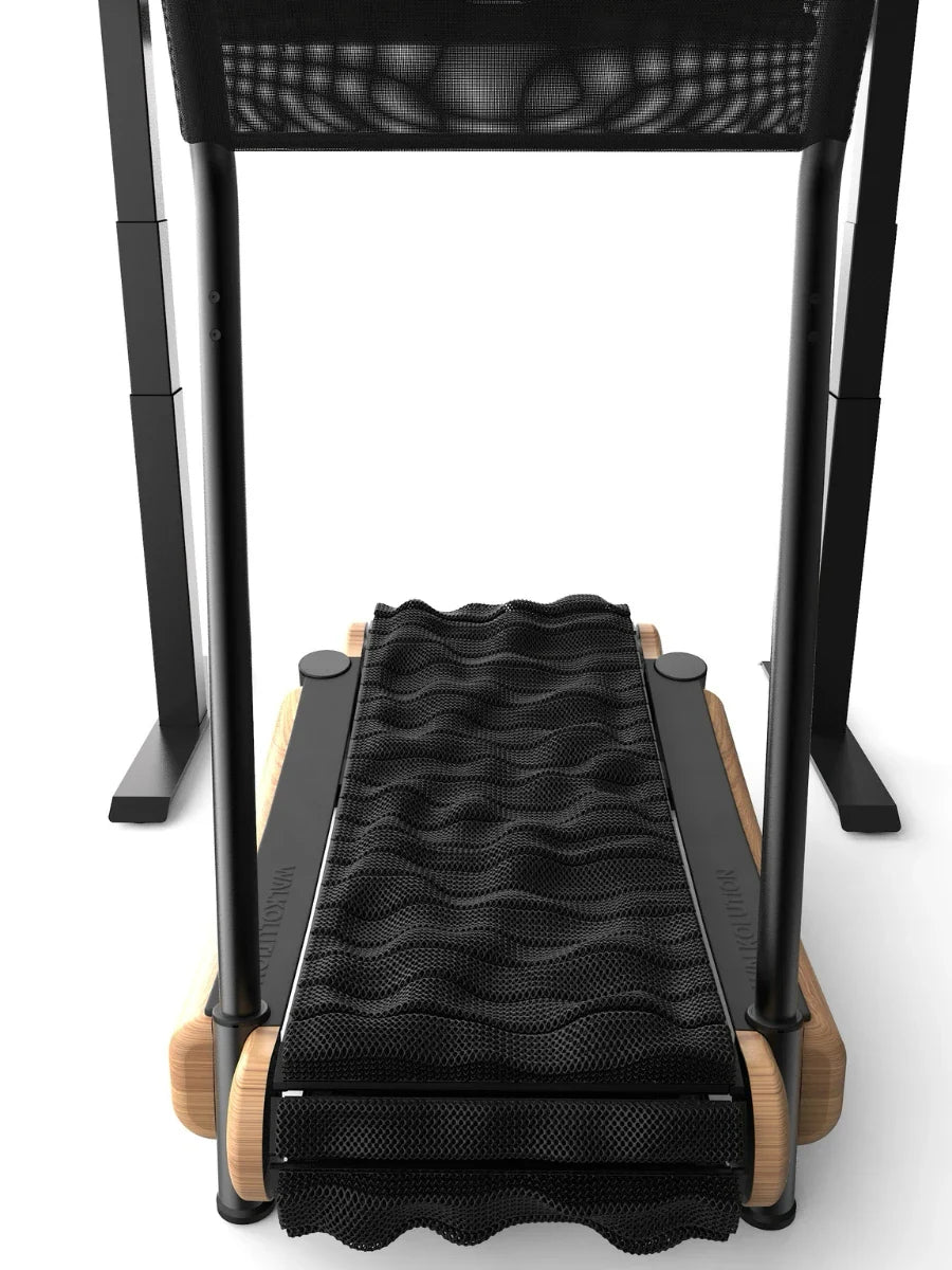 A close-up view of a treadmill with a unique wavy black running belt and wooden side panels, seen from the back against a white background. Walkolution Global