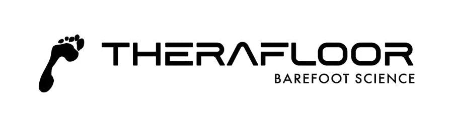 Logo for TheraFloor Barefoot Science, featuring a stylized black footprint to the left of the bold, modern text THERAFLOOR with BAREFOOT SCIENCE in smaller letters underneath.