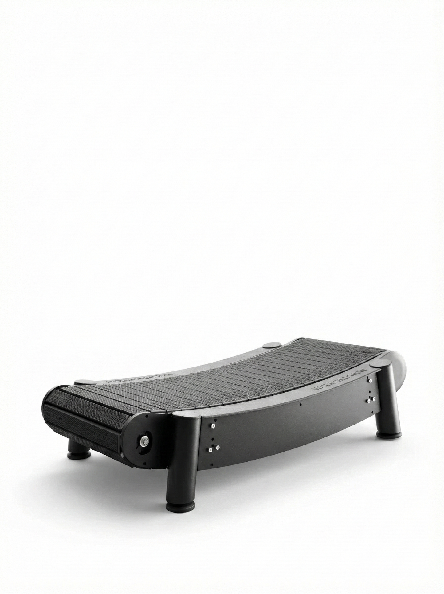 The Walkolution 2 is a modern black manual office treadmill with a curved, minimalist design, no handrails or display, four sturdy legs, and a textured running surface—ideal for walking while you work.