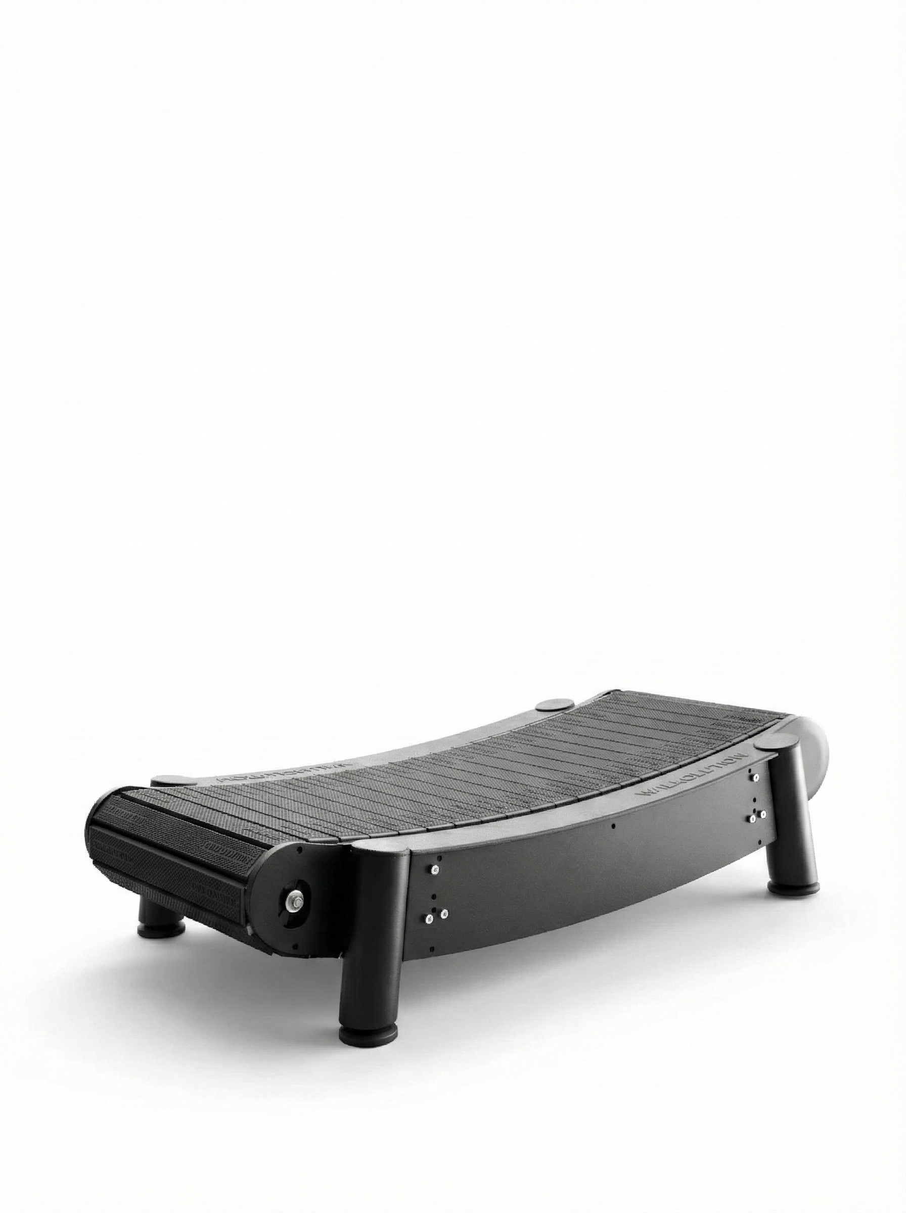 The Walkolution 2 is a modern black manual office treadmill with a curved, minimalist design, no handrails or display, four sturdy legs, and a textured running surface—ideal for walking while you work.