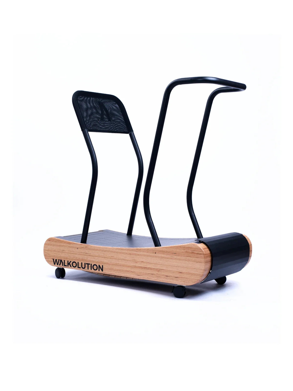 A manual treadmill featuring a wooden base, black running surface, and two curved black handrails is transformed into an ergonomic workstation with the Walkolution 1 Desk Attachment. "WALKOLUTION" is printed on the side.