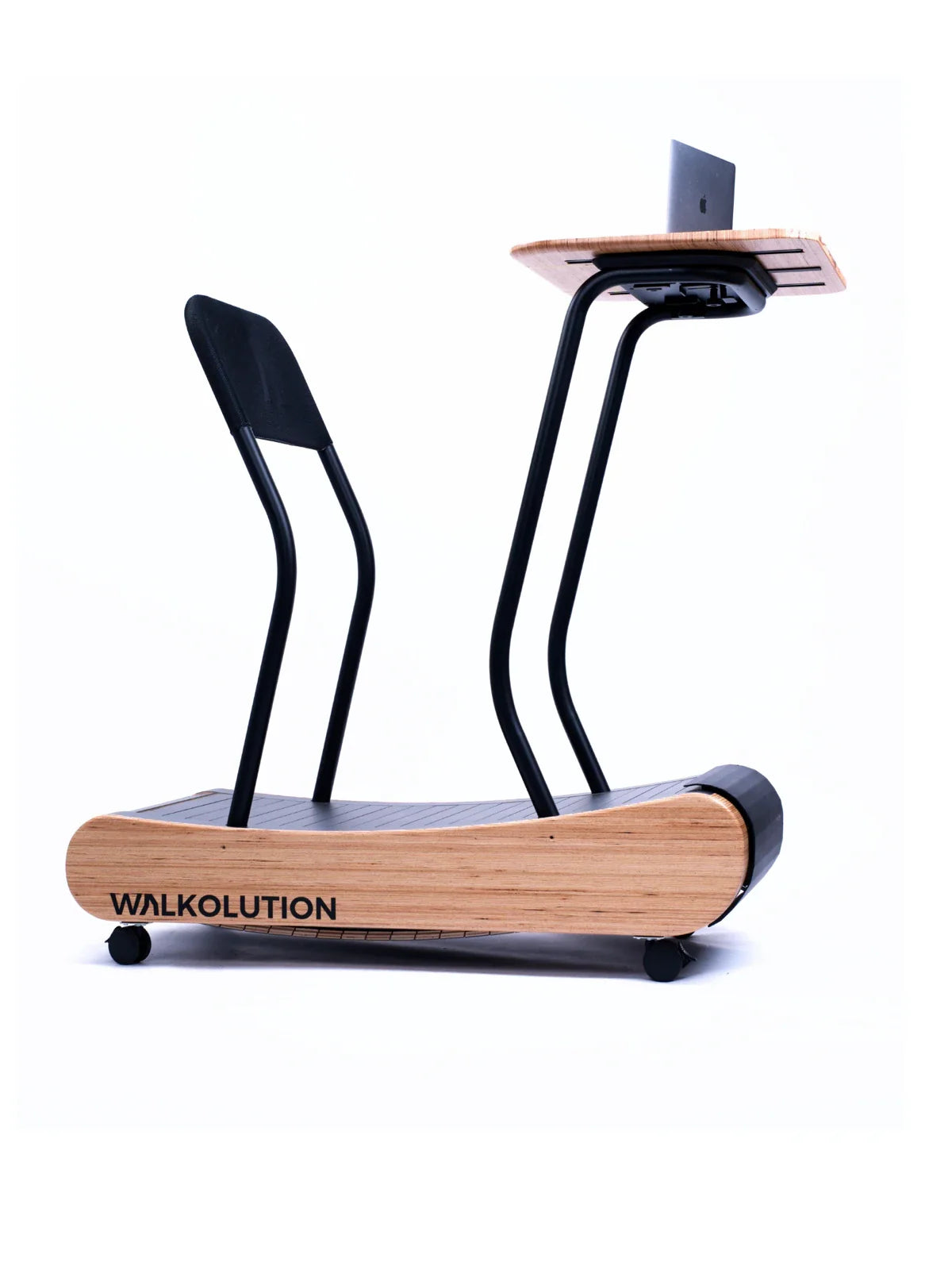 A wooden treadmill with a built-in black chair and an adjustable desk holding a laptop, designed for walking or sitting while working. The brand name WALKOLUTION is visible on the side. Walkolution Global