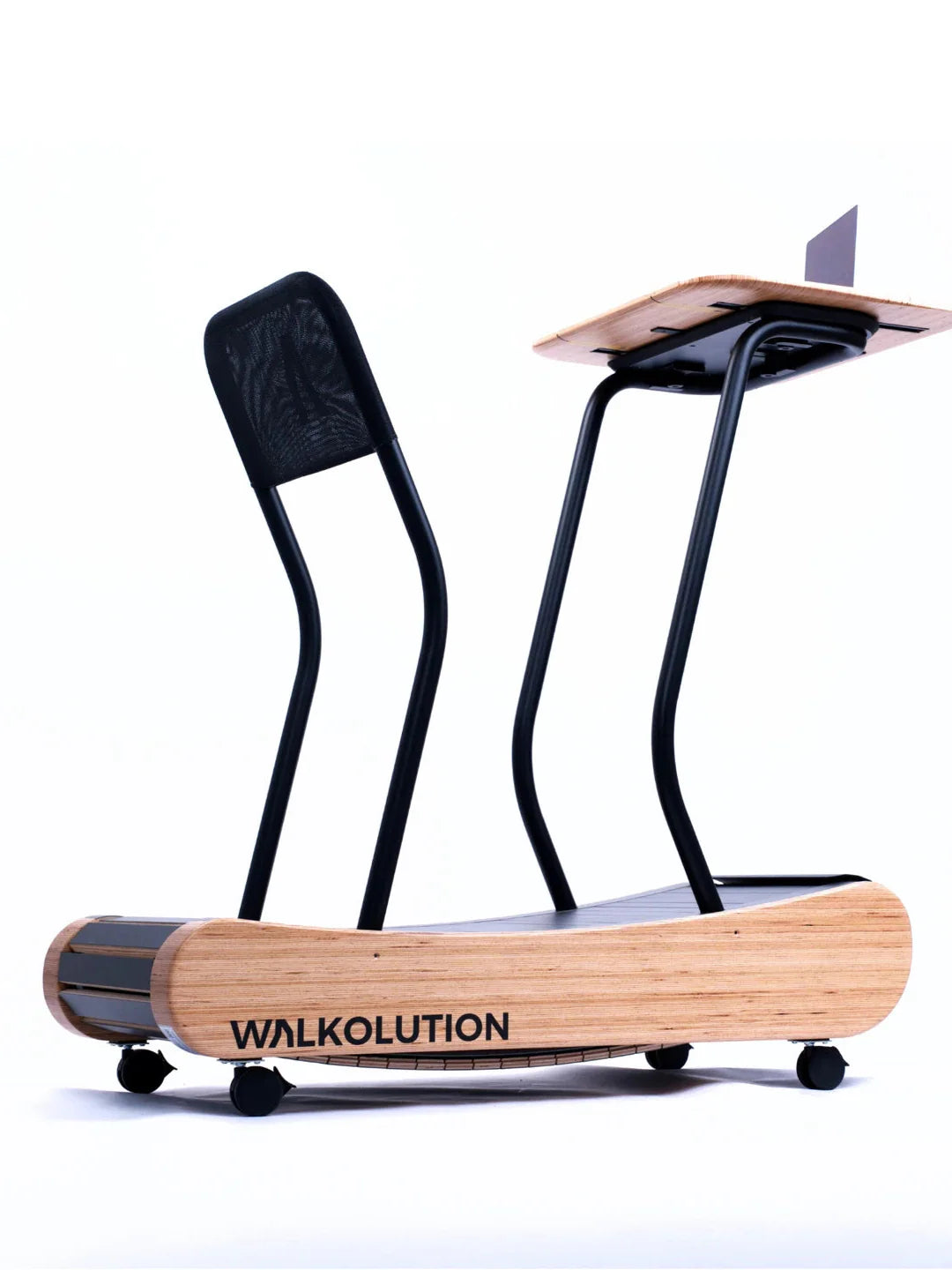 The Walkolution 1 Desk Attachment pairs with a wooden manual treadmill featuring a black mesh backrest, creating an ergonomic walking workstation ideal for working on your laptop.