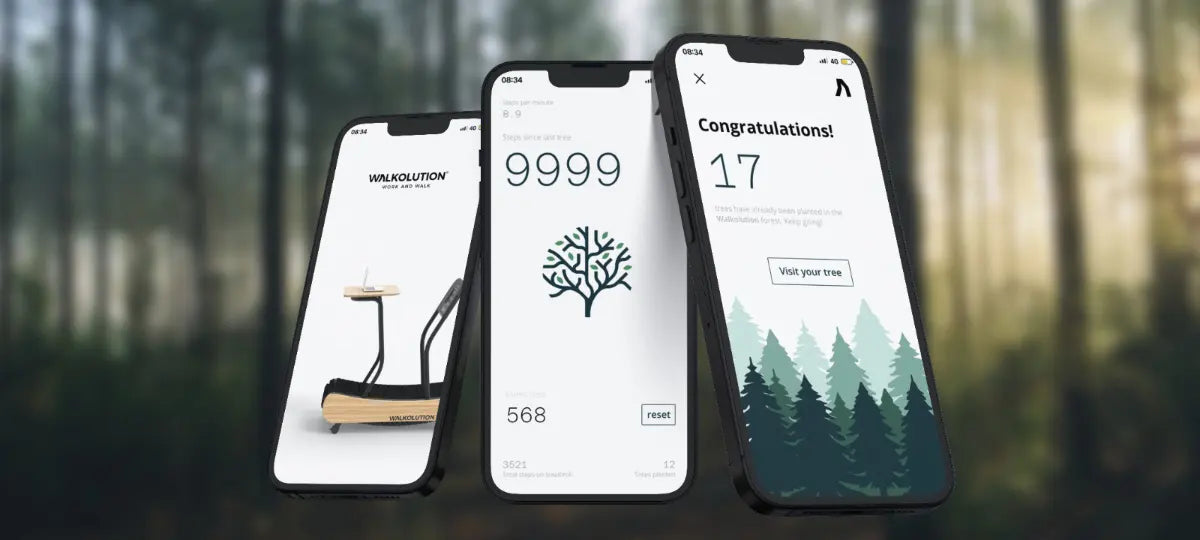 Three smartphones display an app with trees, a step counter showing 9999 steps, and a congratulatory screen for walking 17 kilometers. The background is a blurred forest.